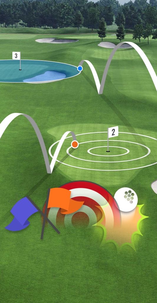 Graphic illustration of the TrackMan driving range in Telford, highlighting advanced golf practice technology and facilities