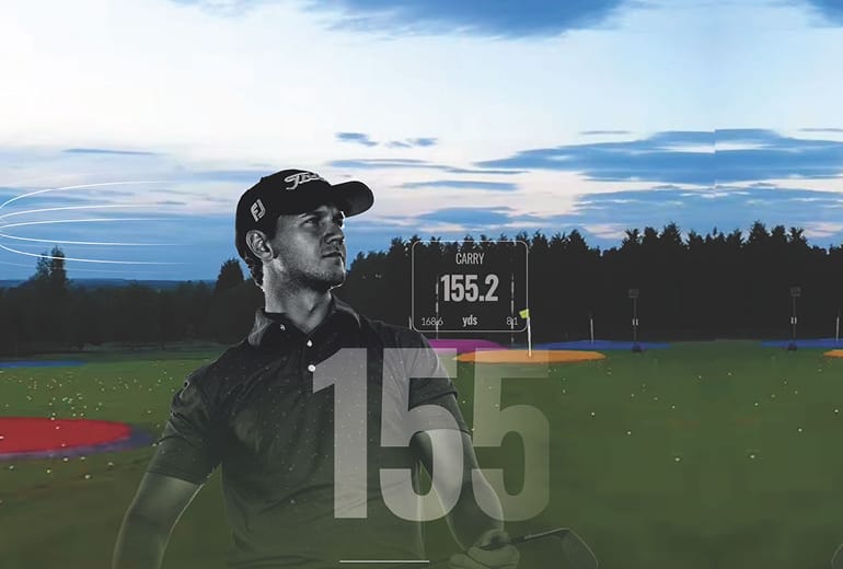 Graphic illustration of a golfer practicing at the TrackMan driving range in Telford, showcasing advanced golf technology and practice facilities