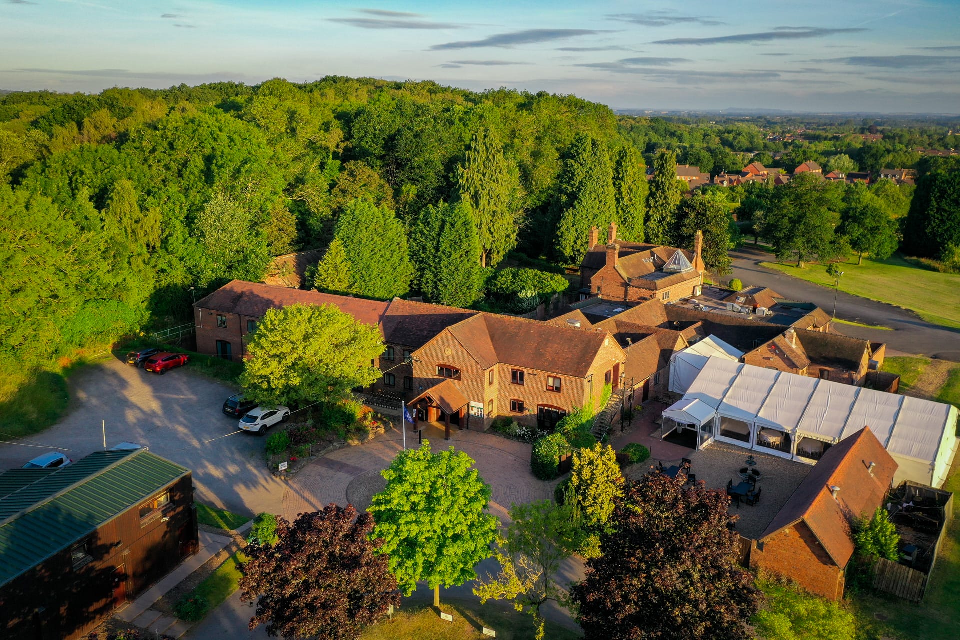 Aerial view of golf clubhouse in Telford with views of golf courses and function rooms in Telford, perfect for weddings, events, and golf days