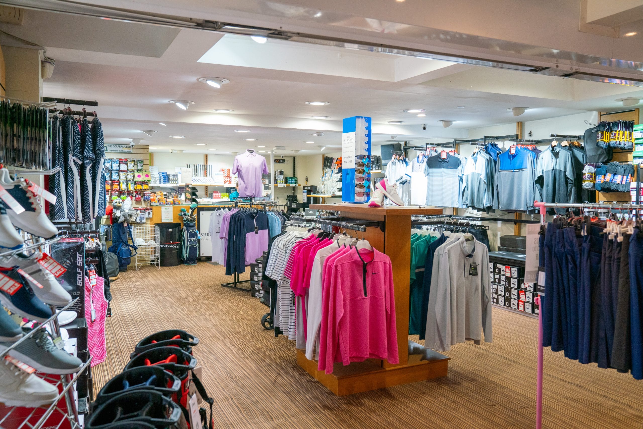 Fully stocked pro golf shop at The Shropshire Golf Club in Telford, offering golf equipment, golf apparel, and golf accessories in Telford