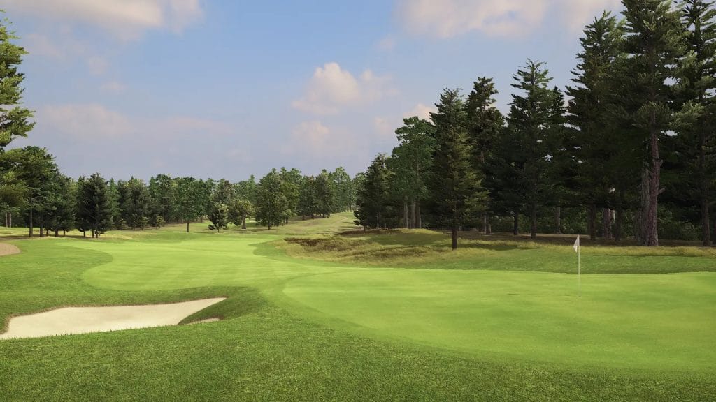 Virtual golf course displayed on screens at the TrackMan driving range at The Shropshire Golf Club in Telford, offering immersive virtual golf experiences