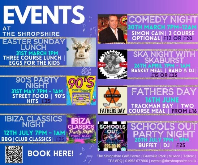 📣What's On at The Shropshire! 
We have so many fantastic events happening over the coming months! 
From comedy, family meals to throwing it back to the 90s! There is something for everyone! 
Book your tickets TODAY and get the diary full of fun for 2024! 
📞 01952 677800
📨 events@theshropshire.co.uk
💻 https://www.ibookedonline.com/the.../event-bookings
#theshropshire #events #shropshireevents #comedynight #ska #90snight #ibizaclassics #fathersday #easter #schoolsout #partynighttelford #telfordnightout